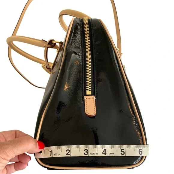 Michael Kors Black Patent Leather Top Handle Bowling Bag With Shoulder Strap
